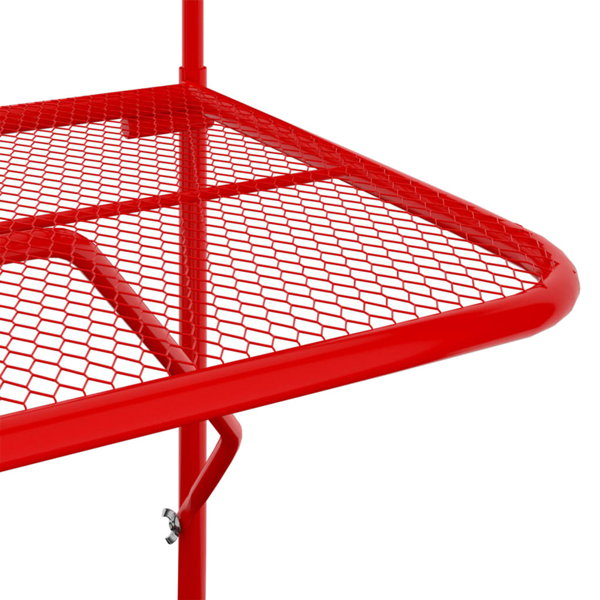 Rotes Metallregal-Detail. Verfügt über ein sechseckiges Gitter und eine gebogene Kante.