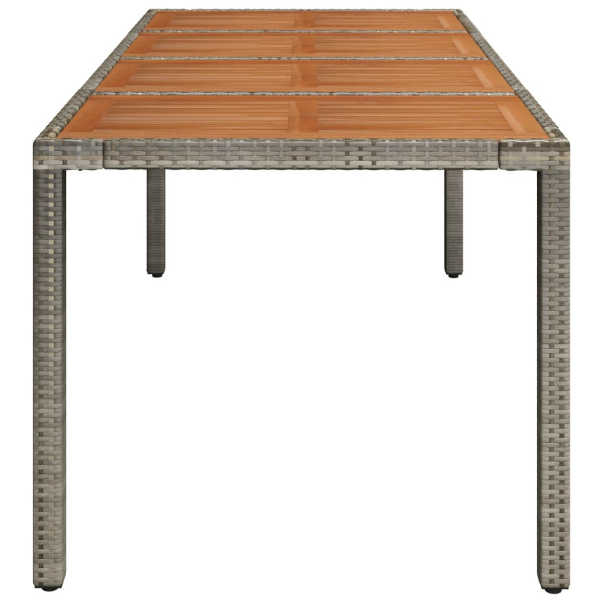 Langer Outdoor-Tisch mit Holzplatte und grauen Beinen im Webstil.