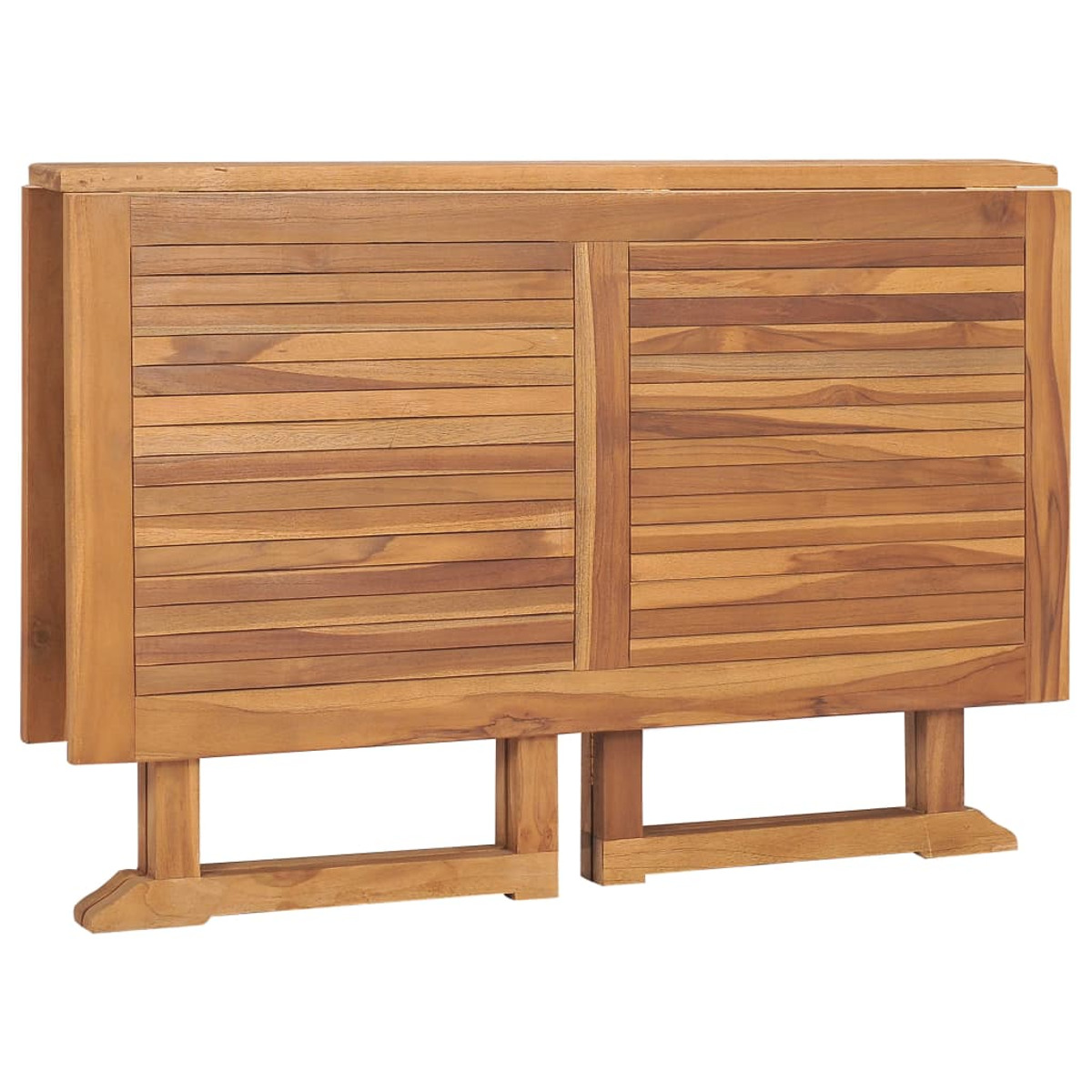 Klapptisch aus Holz, mit Blick auf die Ober- und Seitenfläche. Der Tisch besteht aus Holzlatten.