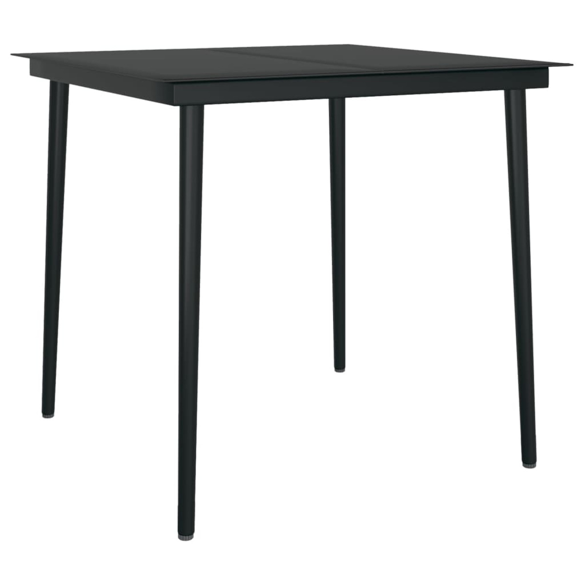 Quadratischer schwarzer Tisch mit vier Beinen, ein elegantes Design, auf weißem Hintergrund.