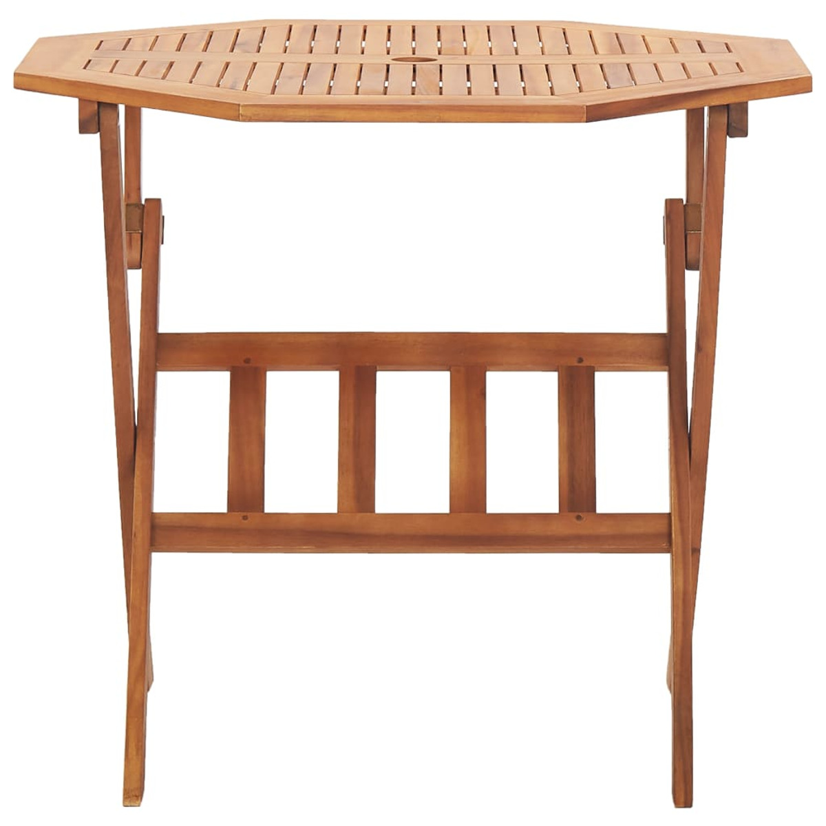 Ein Holzklapptisch mit achteckiger Platte und Lamellendesign.