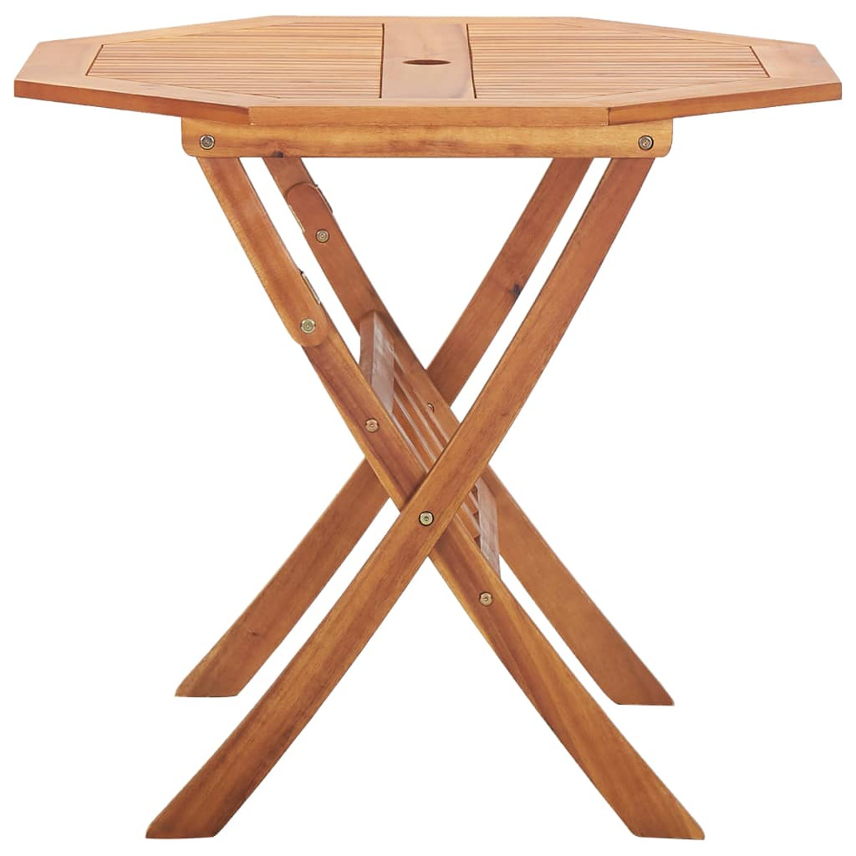 Ein brauner, achteckiger Klapptisch aus Holz mit gekreuzten Beinen. Weißer Hintergrund.