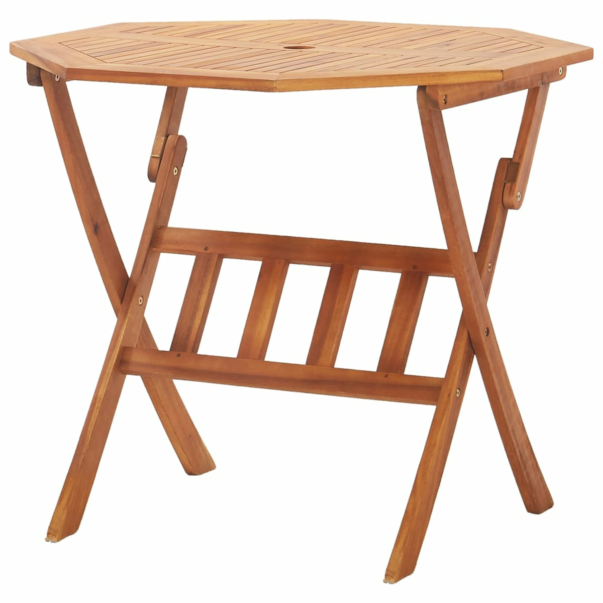 Ein brauner, klappbarer Holztisch. Achteckige Oberseite und Kreuzbeine.