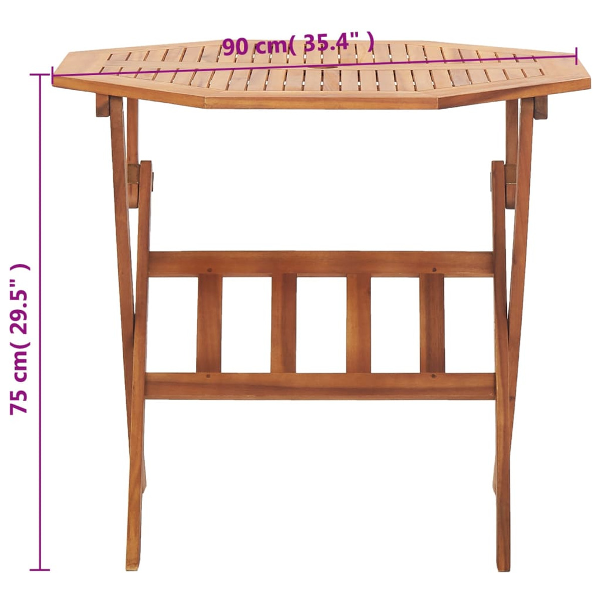 Klapptisch aus Holz, braun, mit achteckiger Oberseite und Stützbeinen. Abmessungen sind angegeben.