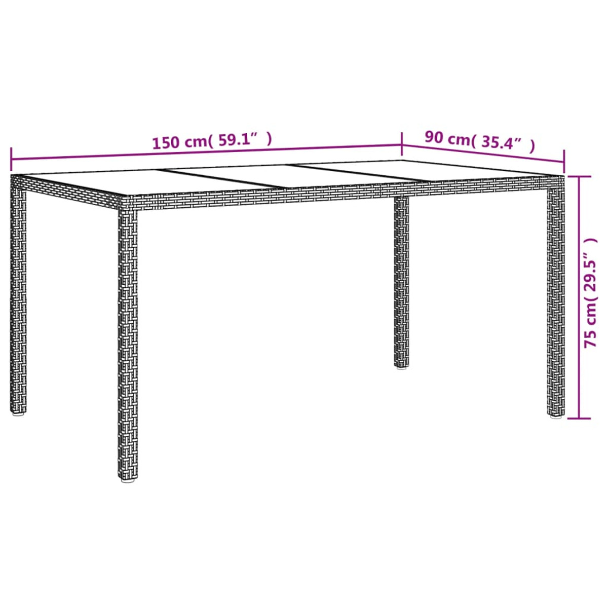 Outdoor-Tisch mit Maßangaben. Der Tisch ist rechteckig.