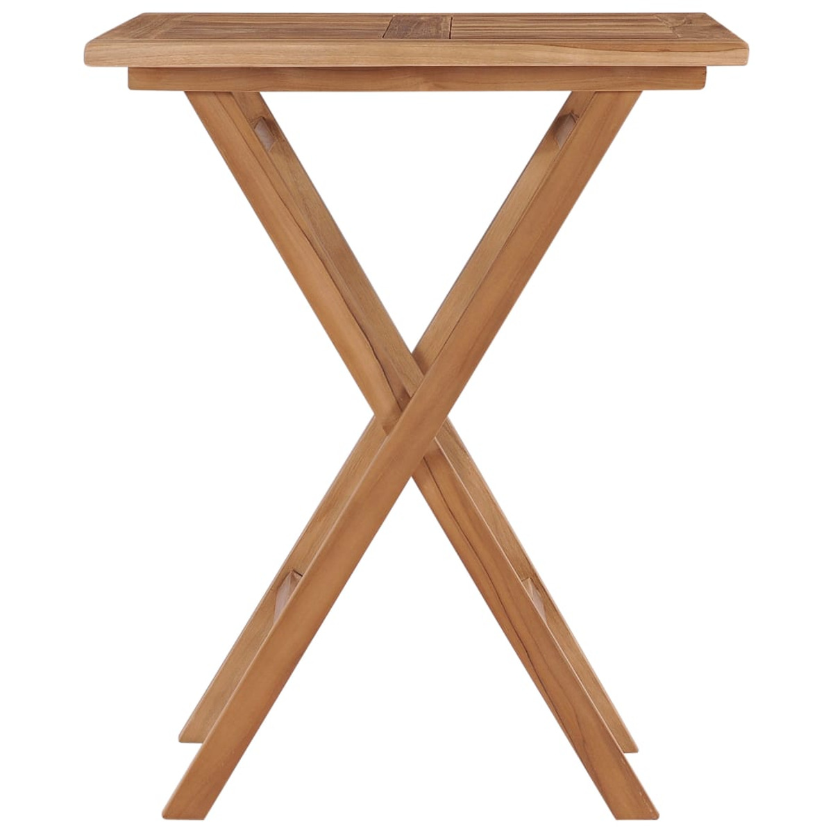Quadratischer Holz-Klapptisch mit X-Beinen, auf weißem Hintergrund.