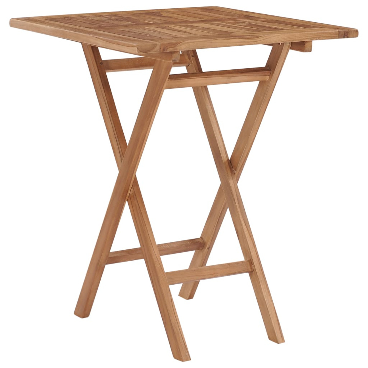 Ein quadratischer Holztisch mit einem zusammenklappbaren Gestell. Der Tisch ist aus hellbraunem Holz gefertigt.