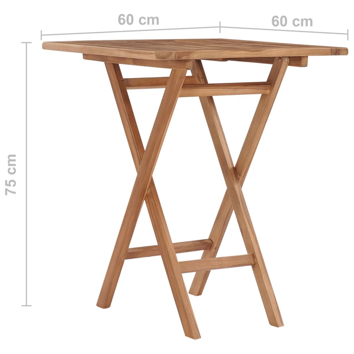 Klappbarer Holztisch, 60x60cm. Holzbeine in X-Form. 75cm hoch. Die Oberseite ist quadratisch.