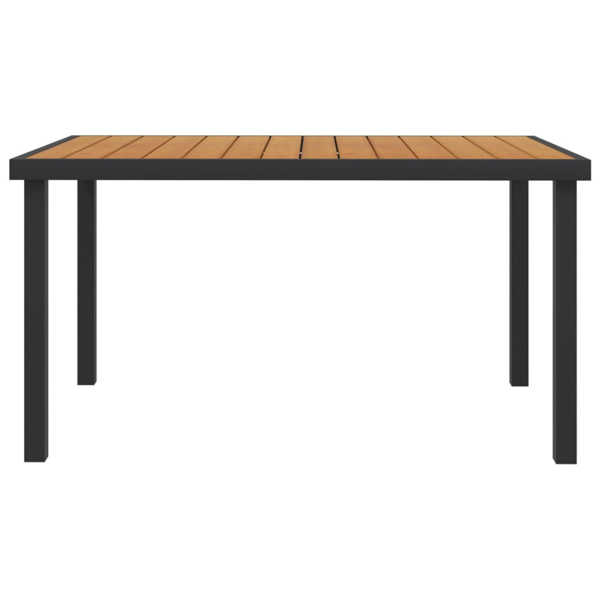 Rechteckiger Tisch mit Holzplatte und schwarzen Beinen. Klares Design.