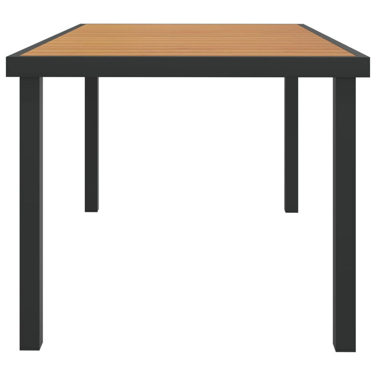 Holztisch mit schwarzen Metallbeinen. Hellbraune Tischplatte und schwarzer Rahmen.