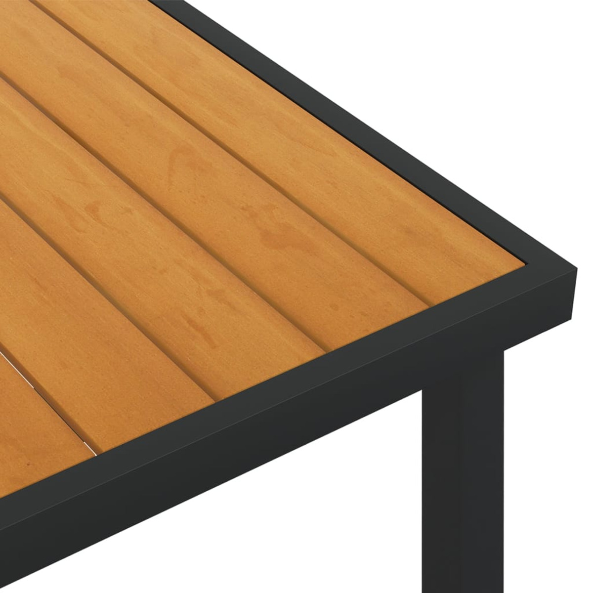 Nahaufnahme einer Tischoberfläche mit dunklem Rand und Holzplanken, auf weißem Hintergrund.