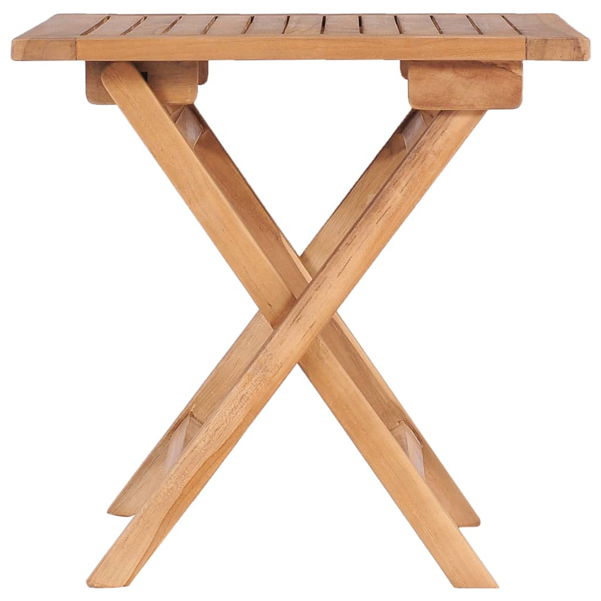 Ein kleiner, klappbarer Holztisch mit X-förmigem Gestell und quadratischer Platte. Der Tisch ist braun.