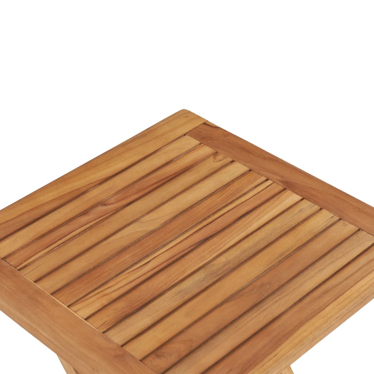 Quadratische Tischplatte aus Holz mit Lamellenmuster. Die Platte hat eine natürliche Holzfarbe.