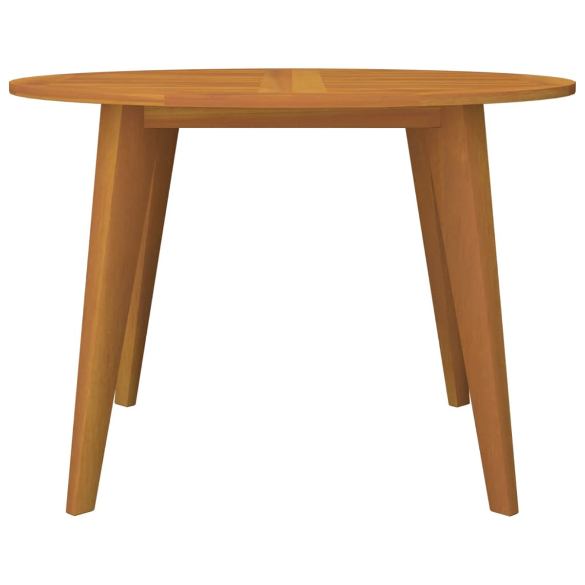 Runder Holztisch mit vier angewinkelten Holzbeinen.