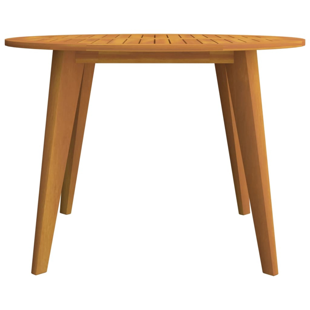 Runder Holztisch mit vier Beinen. Hellbraunes Holz, Latten-Tischplatten-Design.