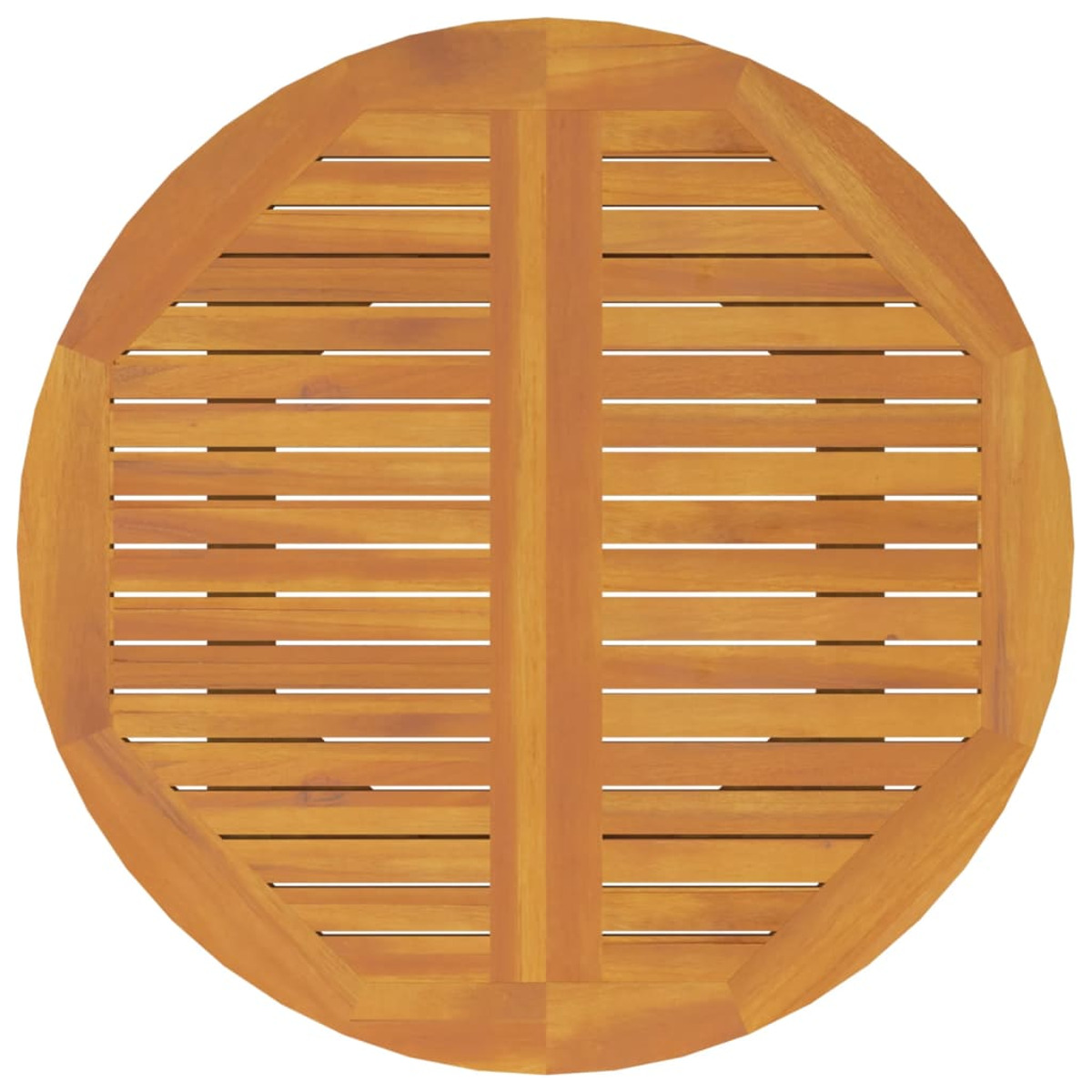 Eine Holz-Tischplatte mit runder Form und einem Muster aus horizontal angeordneten Holzlatten.