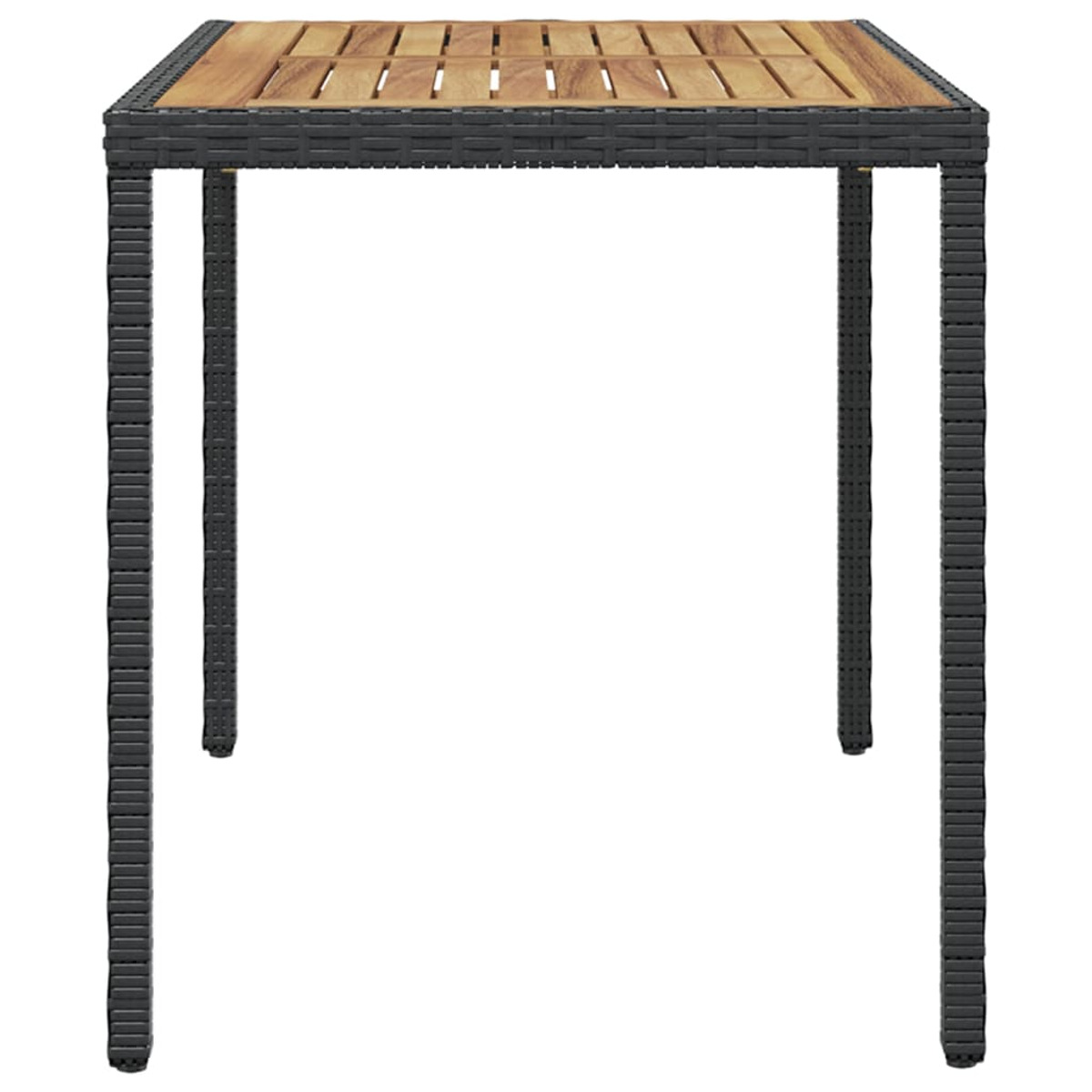 Ein quadratischer Gartentisch mit Holzplatte und schwarzem Webrahmen.