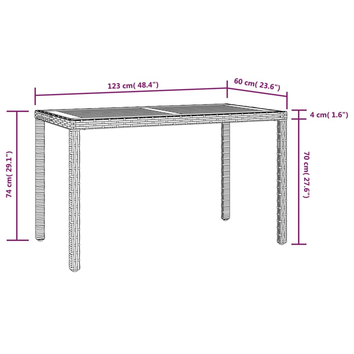 Rechteckiger Tisch mit den Maßen 123x60x70 cm. Der Tisch hat eine Lamellenplatte und ist aus braunem Holz gefertigt.