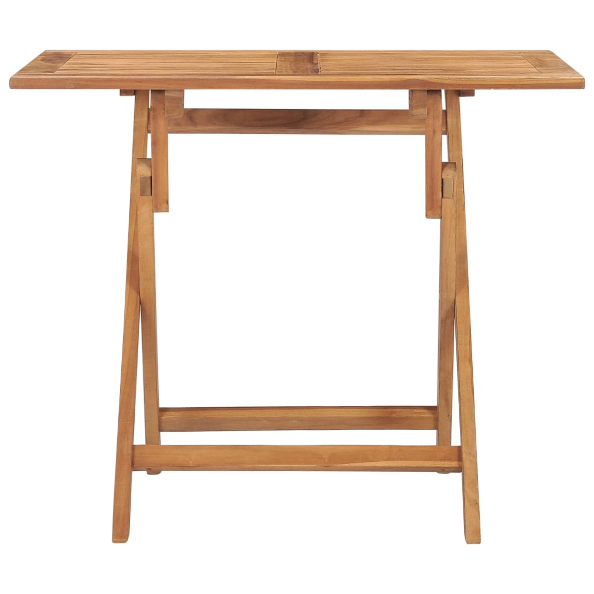 Klapptisch aus Holz, rechteckige Oberseite. Die Beine sind abgewinkelt. Braune Holzfarbe. Weißer Hintergrund.