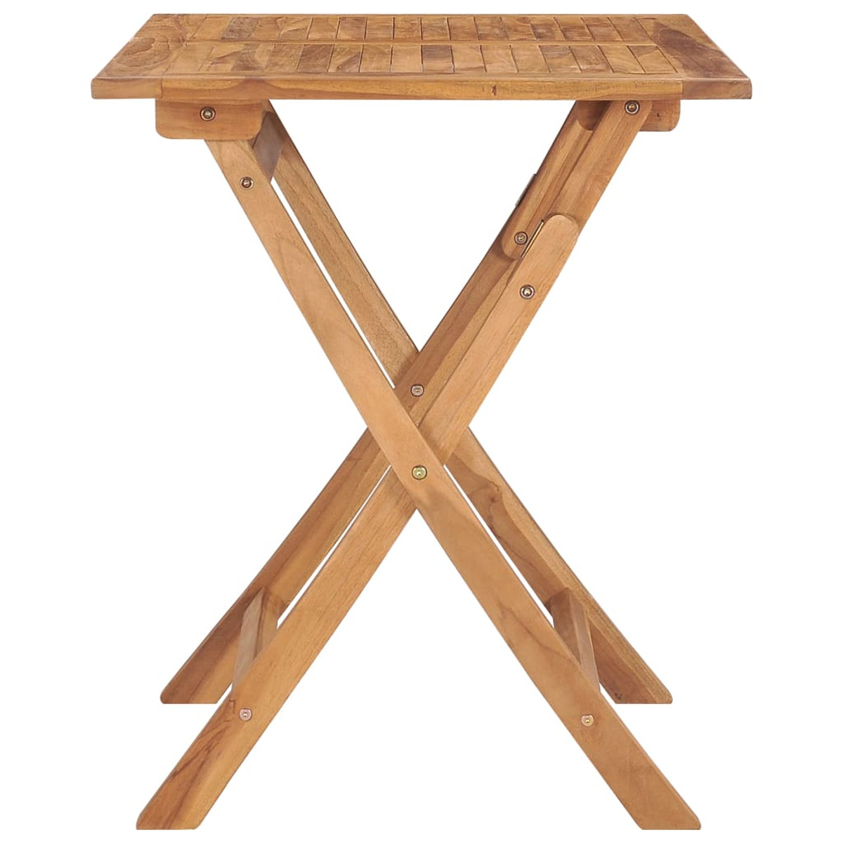 Klapptisch aus Holz mit karierter Platte und X-förmigen Beinen.
