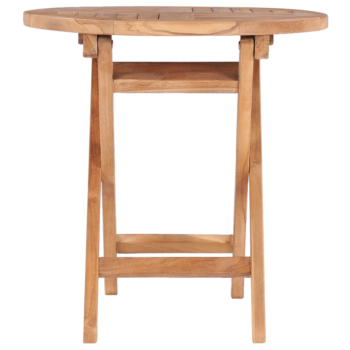 Runder Klapptisch aus Holz mit Ablage, vor weißem Hintergrund.
