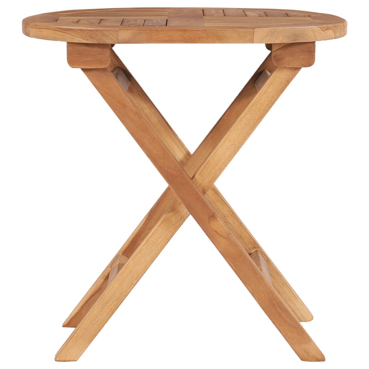 Klapptisch aus Holz mit gekreuzten Beinen, runde Oberfläche.