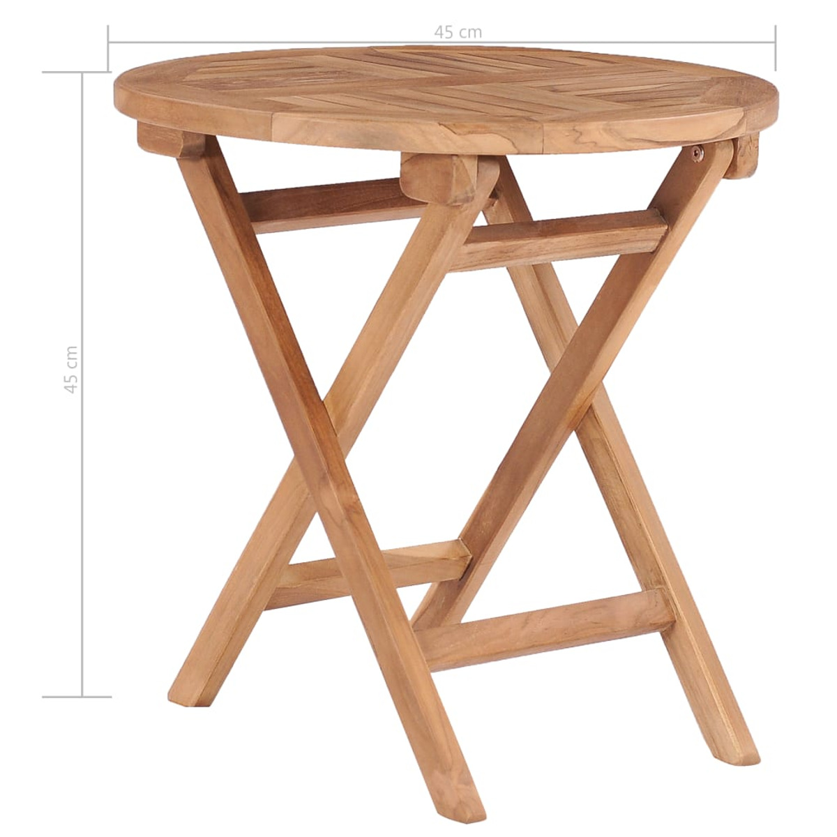 Klapptisch aus Holz. Runde Tischplatte, gefaltete Beine. Weißer Hintergrund.