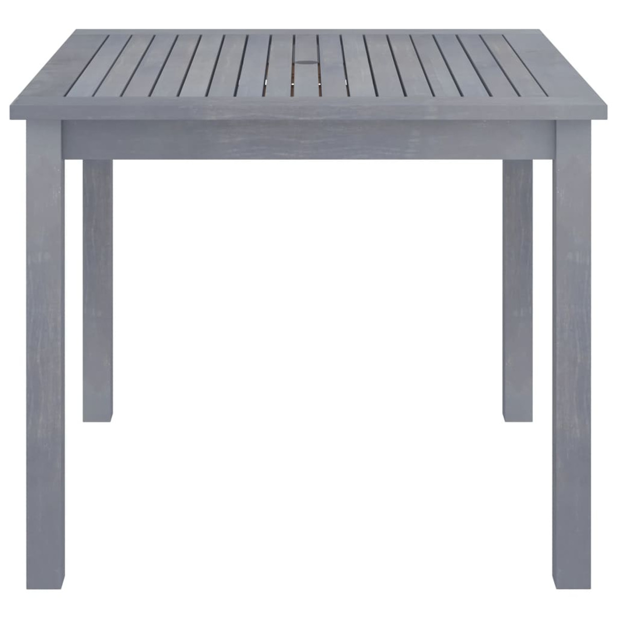 Ein quadratischer Holztisch. Er hat eine graue Oberfläche und eine Lamellenplatte. Die Beine sind quadratisch.