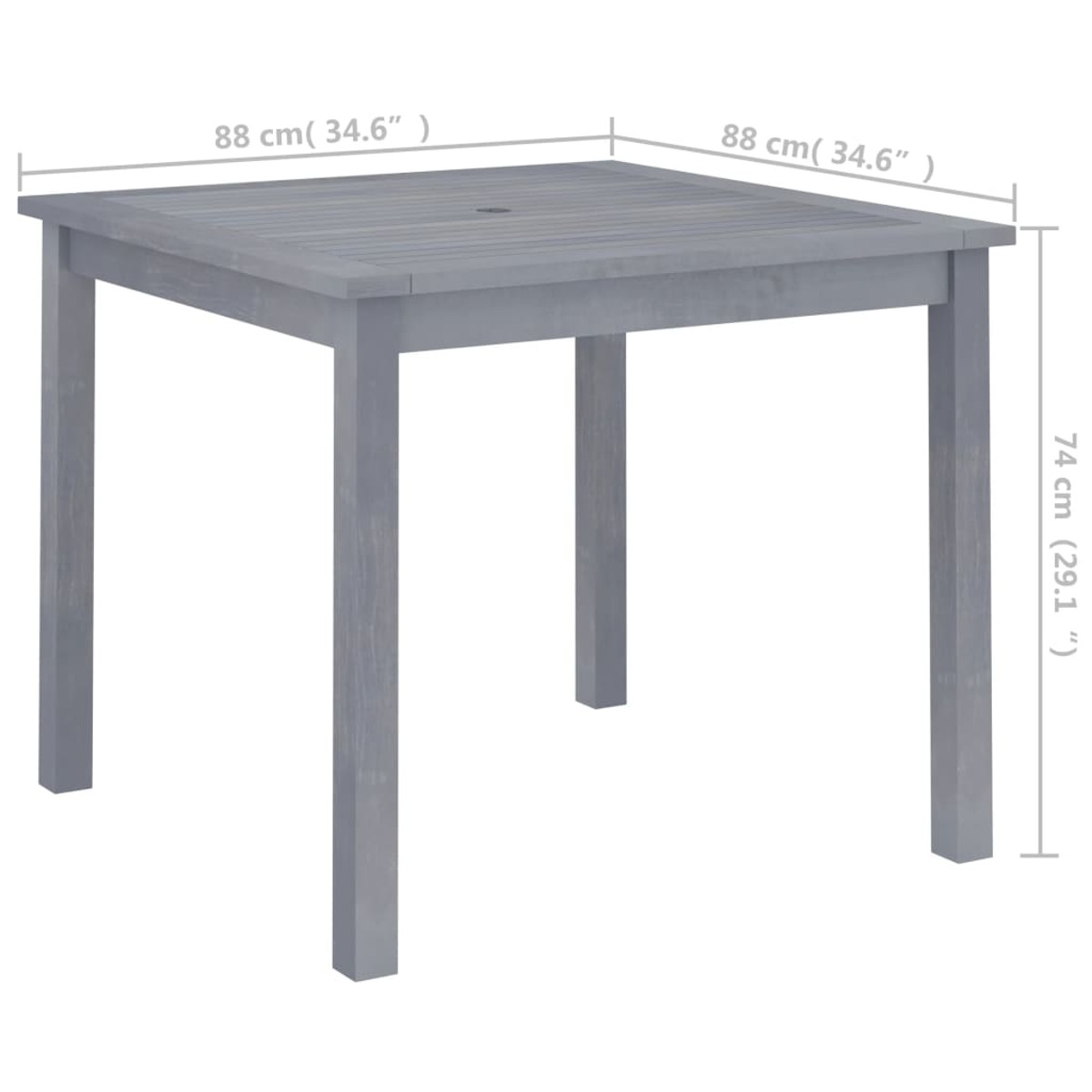 Grauer quadratischer Tisch mit Abmessungen. Er hat quadratische Beine und Maße in cm und Zoll.