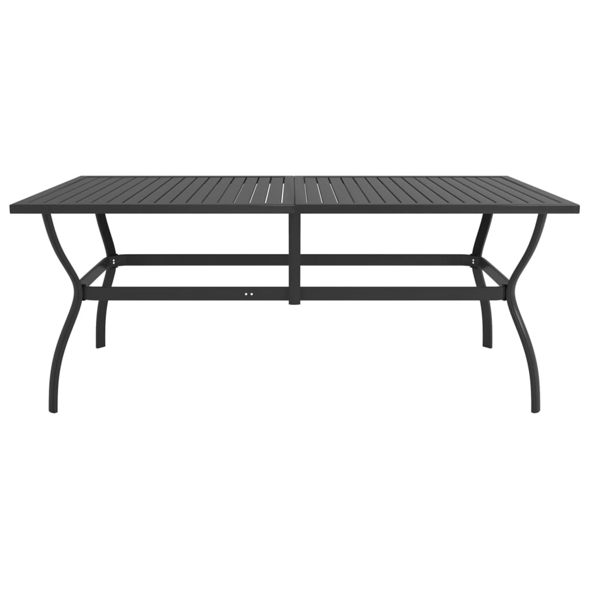 Ein schwarzer Gartentisch. Er hat eine Lattenplatte und geschwungene Beine. Das Design ist modern.