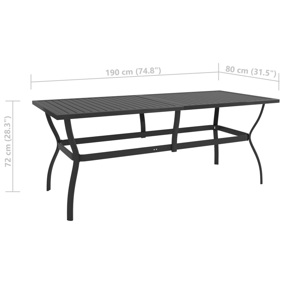 Schwarzer Tisch mit gebogenen Beinen, Maße: 190x80x72 cm.