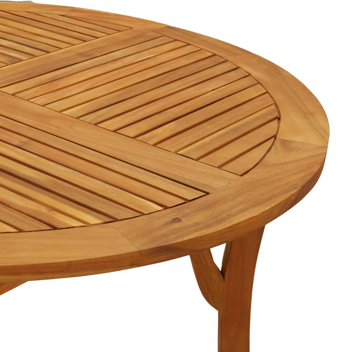 Nahaufnahme einer hölzernen Tischplatte mit gebogenen Kanten und Lamellen. Das Holz ist hellbraun.