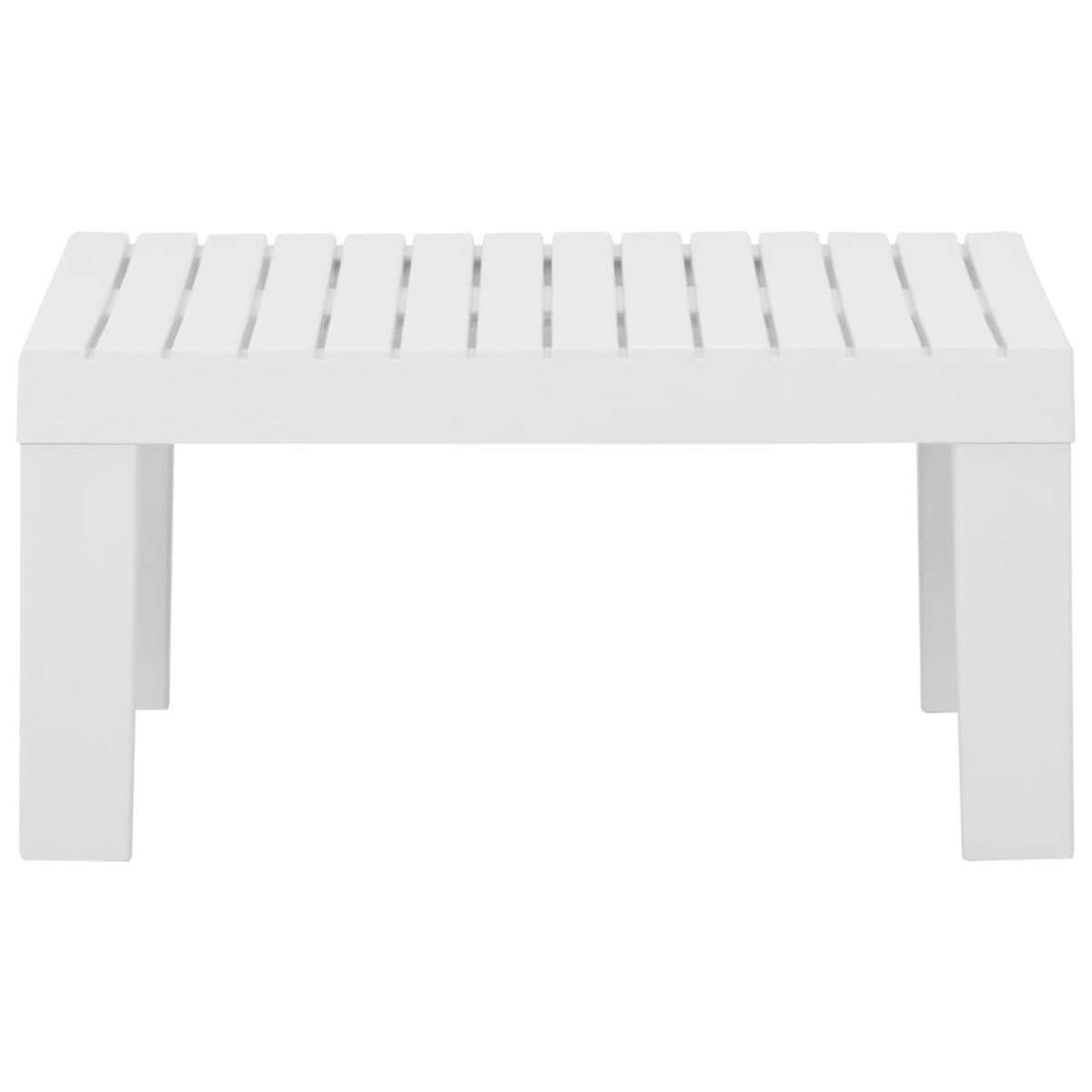 Weiße, lattenförmige Holzbank mit vier Beinen. Schlichtes Design, isoliert auf Weiß.