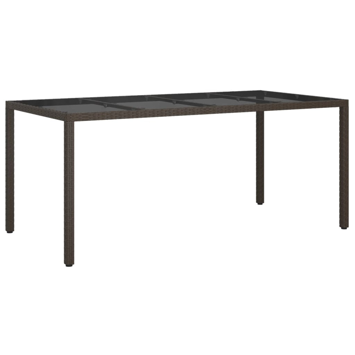 Brauner Tisch mit sechs Glasscheiben. Vier Beine mit braunen gewebten Seiten.