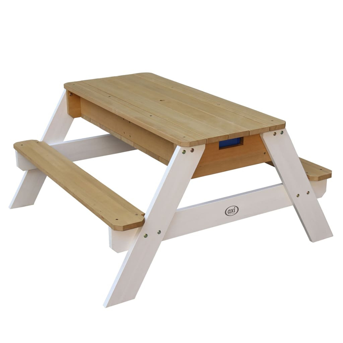 Kleiner Picknicktisch aus Holz, hellbraune Platte, weiße Beine. Mit zwei Bänken und blauem Fach.