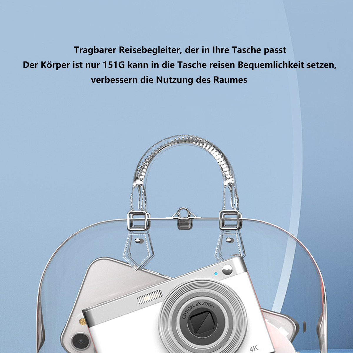 Cámara y teléfono blancos en una bolsa transparente, con fondo azul y texto.