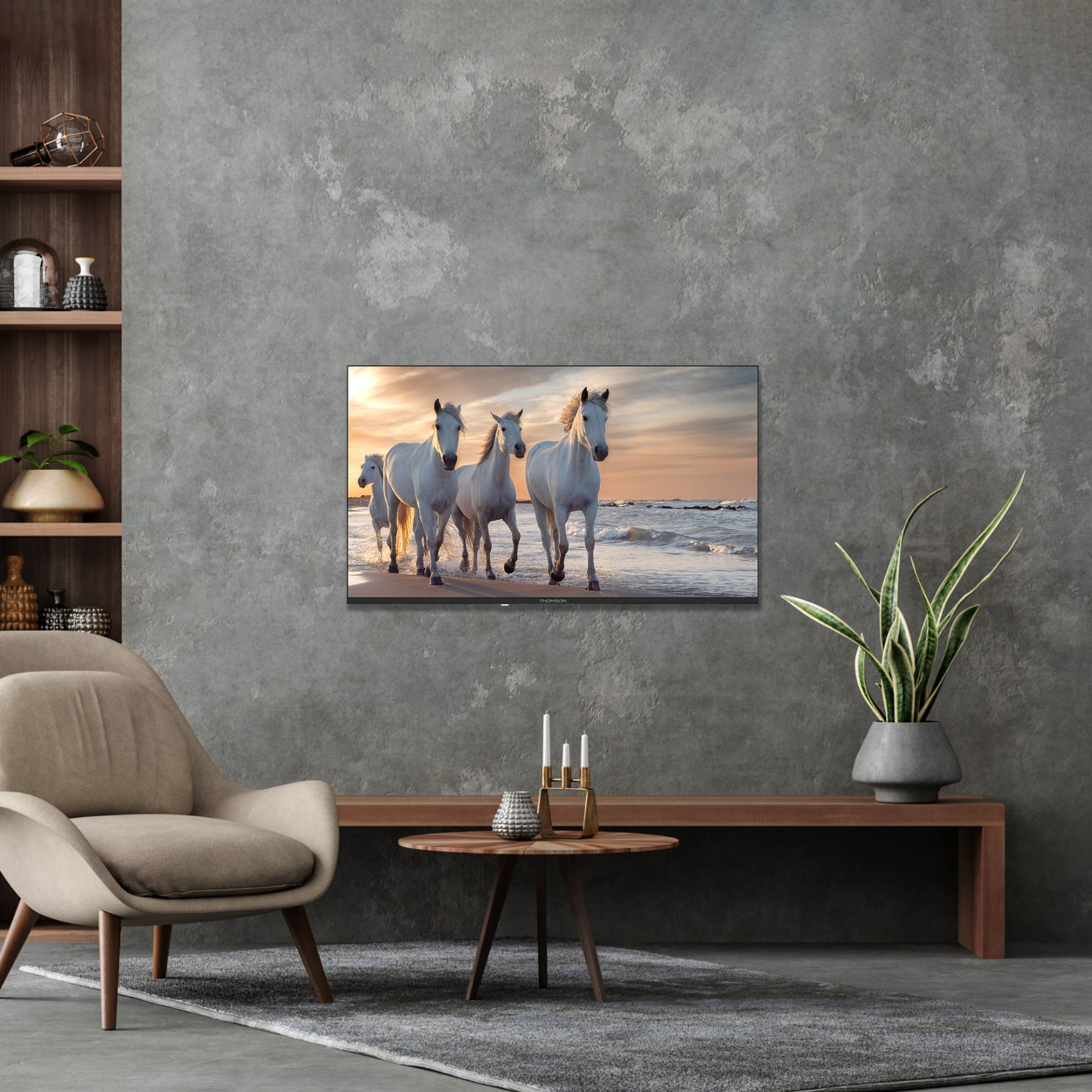 Telewizor na ścianie z końmi na plaży. Obok krzesło, półka i roślina.