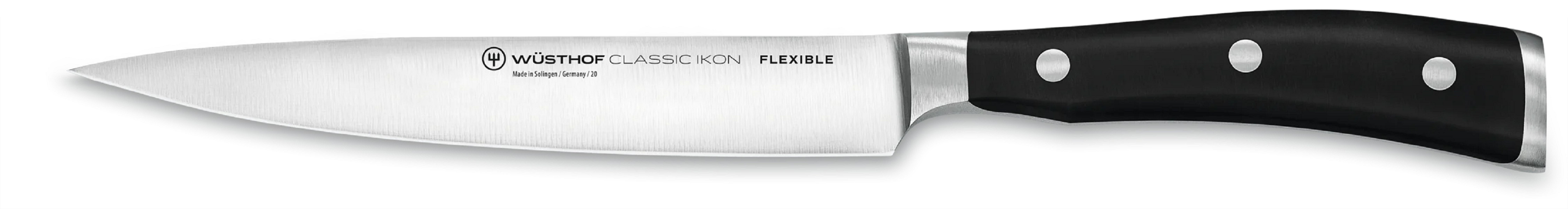Ein Wüsthof Classic Ikon flexibles Messer. Es hat einen schwarzen Griff und eine silberne Klinge.