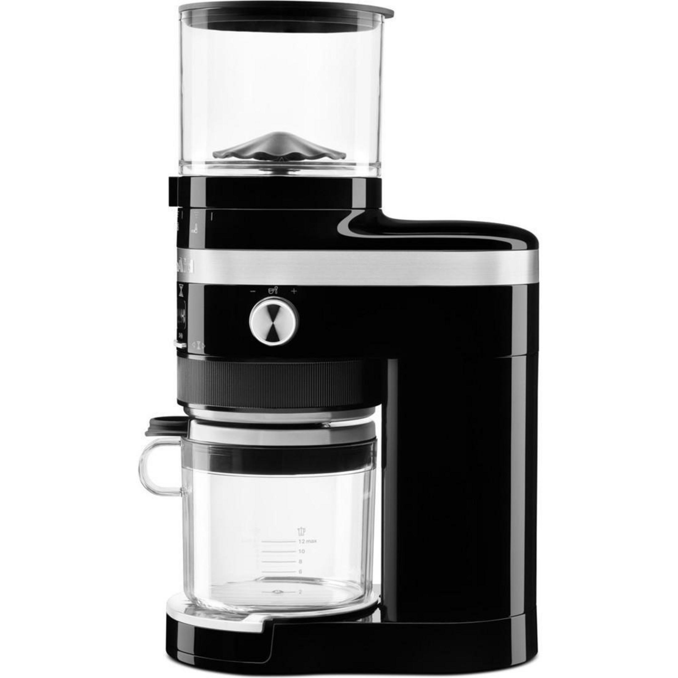 Schwarze und silberne Kaffeemühle. Klarer Trichter oben, Glaskrug unten. Schwarzer Körper.
