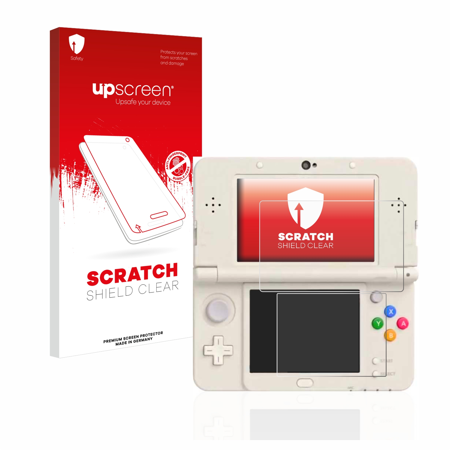 Cremefarbener Nintendo 3DS mit Displayschutzfolie und Box. Box sagt 'SCRATCH SHIELD CLEAR' und 'upscreen'.
