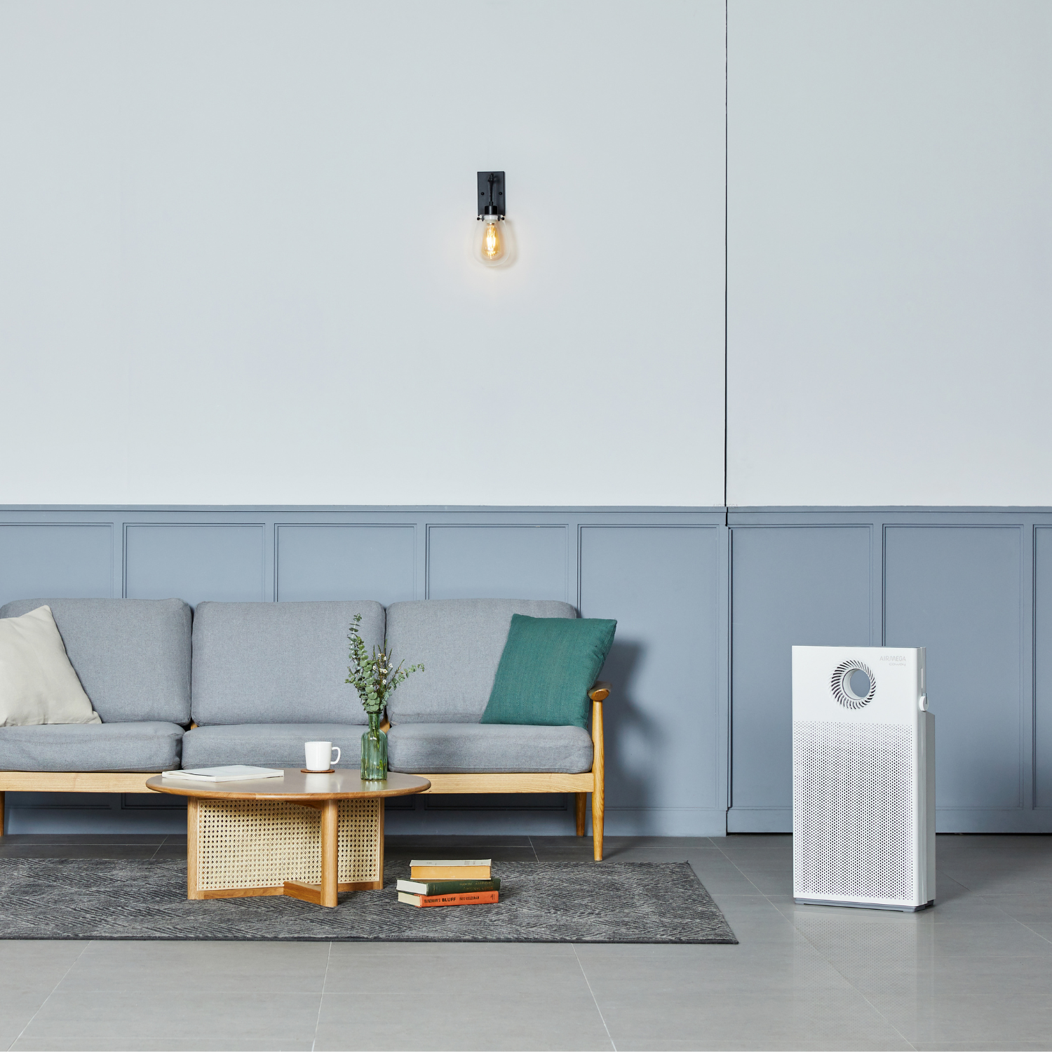 Wohnzimmer mit grauem Sofa, Couchtisch und Luftreiniger. Die Wände sind blau-grau.