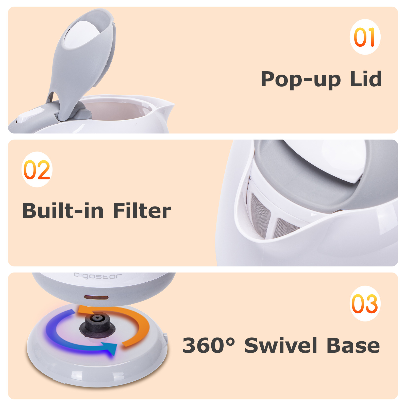 Weißer Wasserkocher mit Pop-up-Deckel, eingebautem Filter und 360°-Drehfuß, mit Etiketten.