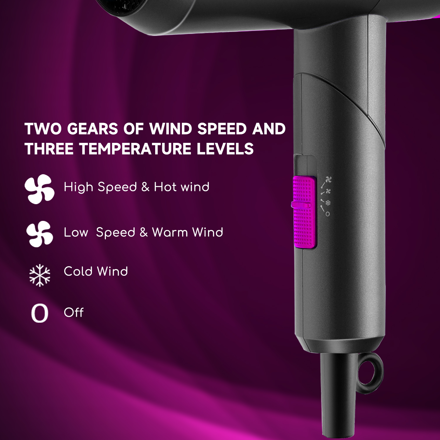 Primer plano de un secador de pelo negro con controles. Texto indica velocidad del viento y niveles de temperatura.