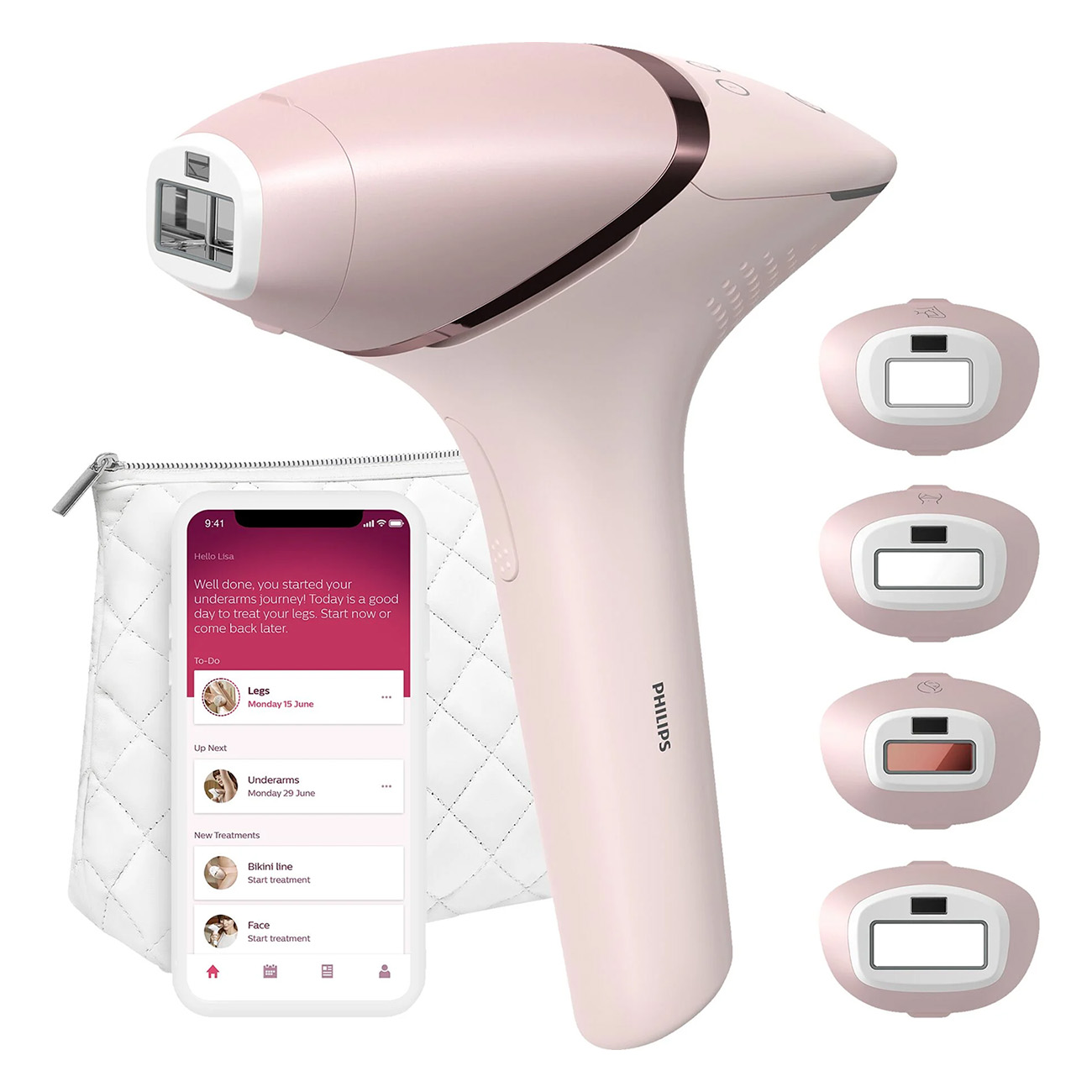 Rosa Philips IPL-Gerät mit Zubehör, einschließlich eines Telefons mit App-Anzeige.