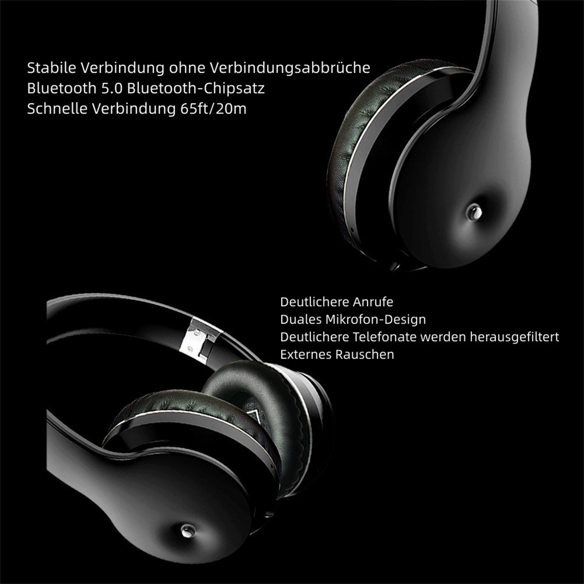 Schwarze Kopfhörer mit deutschem Text. Die Kopfhörer haben ein Mikrofon-Design.