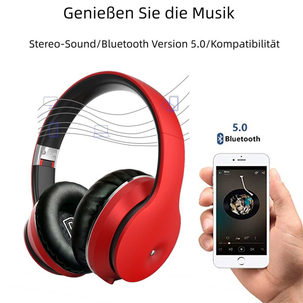 Rote Kopfhörer mit schwarzen Ohrmuscheln und ein weißes Smartphone, Musik-App.
