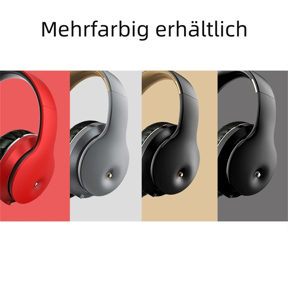 Kopfhörer in vier Farben: rot, grau, schwarz und gedämpftes Gold, auf einem Farbverlauf.