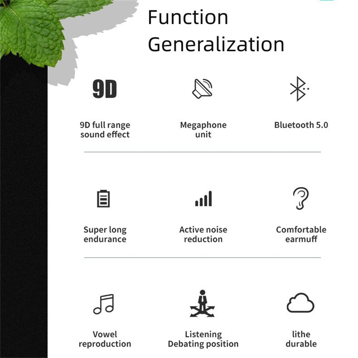 Infografik mit Symbolen und Text. Zeigt Funktionen wie Geräuschreduzierung und Bluetooth.
