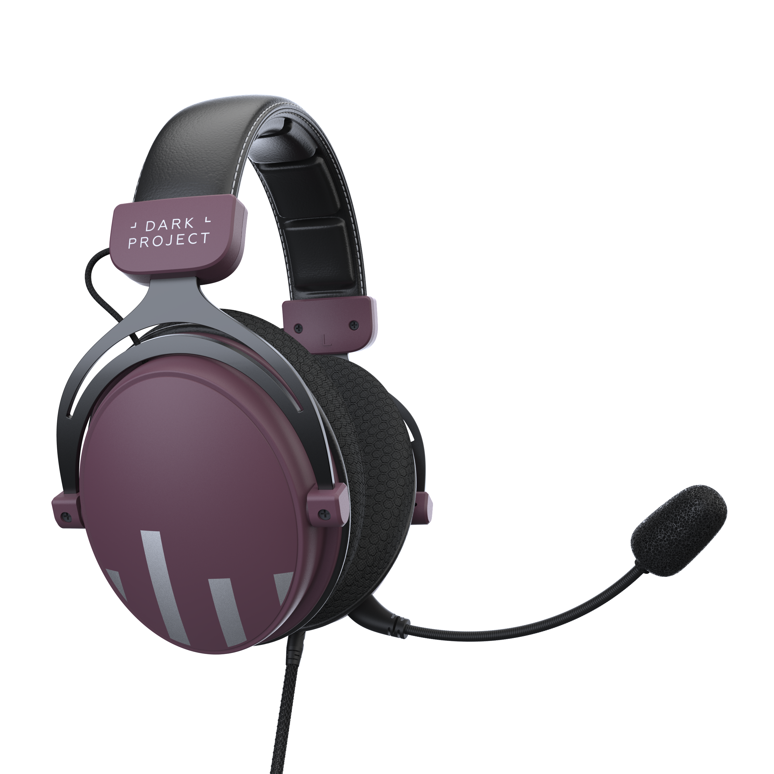 Cuffie viola con microfono nero. Il testo sulle cuffie dice DARK PROJECT.