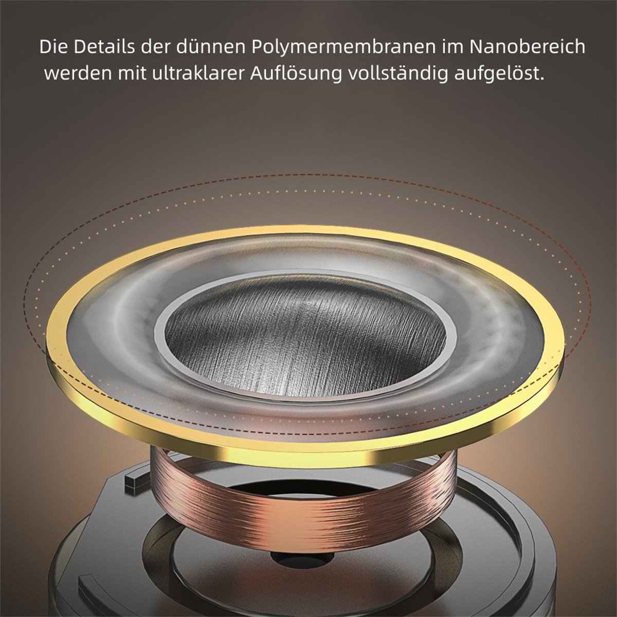 Makroaufnahme einer Lautsprecherkomponente mit Goldring und Kupferspule.